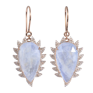 CLAW Drop Earrings - Rainbow Moonstone and Diamonds