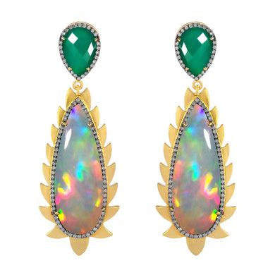 Flame Earrings Opal, Diamonds & Green Onyx