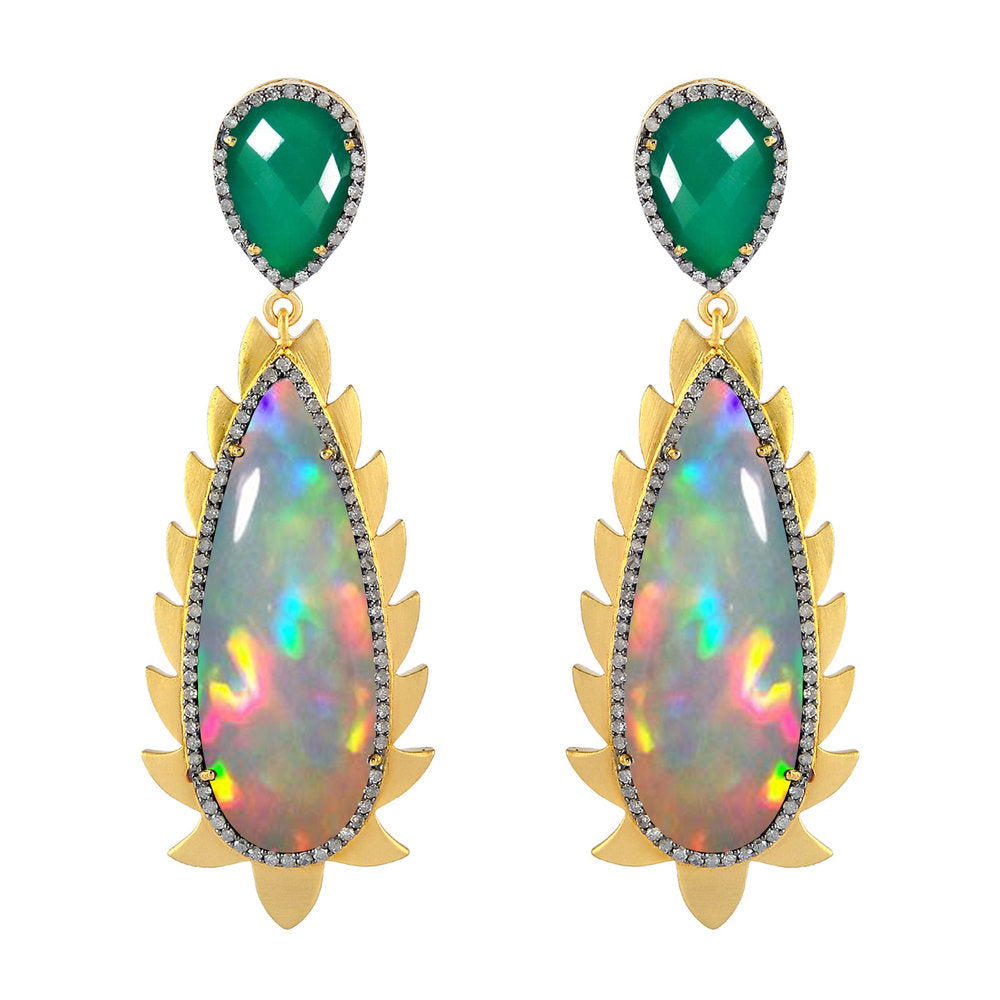 Flame Earrings Opal, Diamonds & Green Onyx