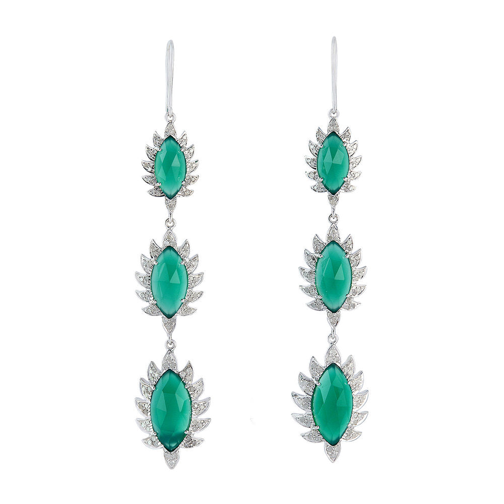 Triple Drop Marquise Earrings - Green Chalcedony & Diamonds